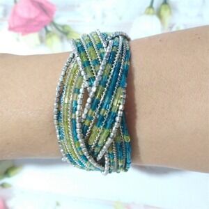 Seed bead Bracelet Teal Aqua & Lime Green Beaded Wrap Cuff Boho Statement BC1
